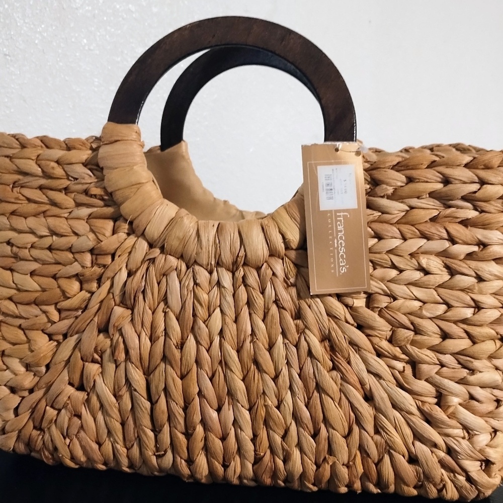 Francesca's Collections Natural Woven Tote with Dark Wooden Handles